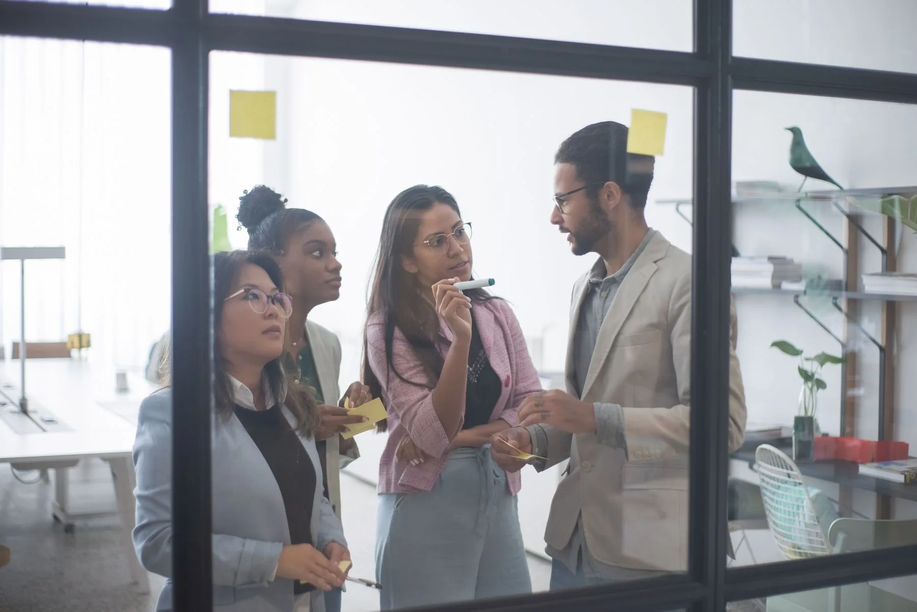 A team discussing work in a modern office